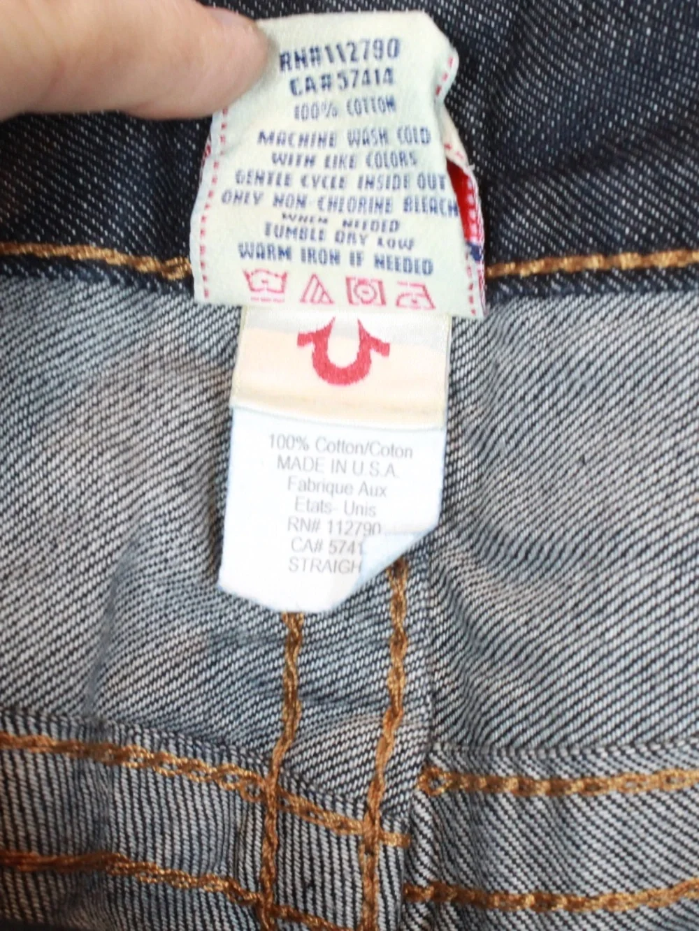 NWT True Religion Straight Leg Flap Jeans Sunset Logo Orange Red Stitch Size 33